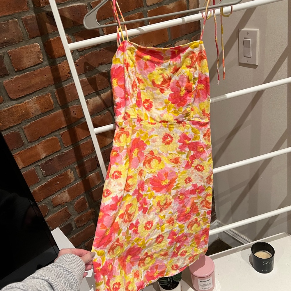 PINK YELLOW FLORAL TIE STRAP LINEN DRESS